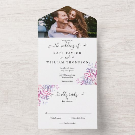 Landelijk Bloemig Schrift Monogram Foto Bruiloft All In One Uitnodiging (Binnen)
