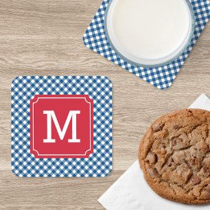 Landelijk Chic Blauw Gingham Personaliseer Monogra Bier Onderzetter