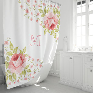 Landelijk Chic Roze Rozen Hoek Motief Monogram Douchegordijn