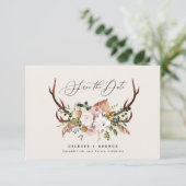 Landelijk gebladerte, bloem- en hertengehakt huwel save the date (Staand voorkant)