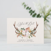 Landelijk gebladerte, bloem- en hertengehuwelijk save the date (Staand voorkant)