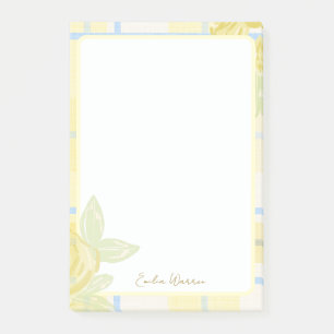 Landelijk geruit namaaklinnen in botergeel en blau post-it® notes