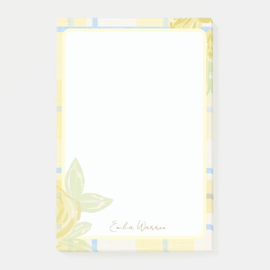 Landelijk geruit namaaklinnen in botergeel en blau post-it® notes (Voorkant)