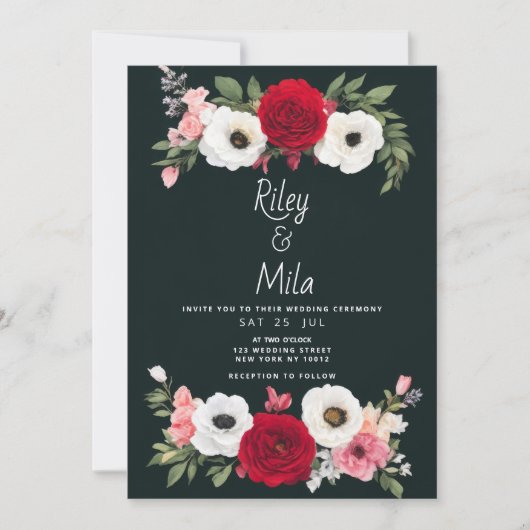 Landelijk groen rode witte rozen bloemenbruiloft kaart (Voorkant)