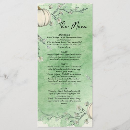 Landelijk groene herfstpompoen trouwmenu menu (Voorkant)