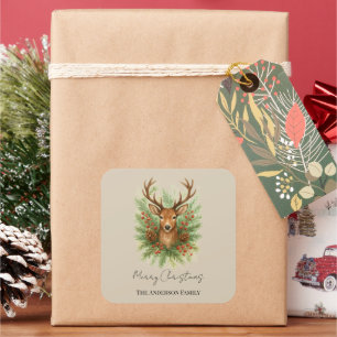 Landelijk hertengewei met winterblad - vierkante sticker