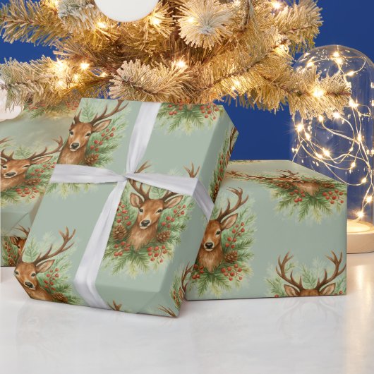 Landelijk hertenhoofd met winterfoliage - cadeaupapier (Feestdagen)