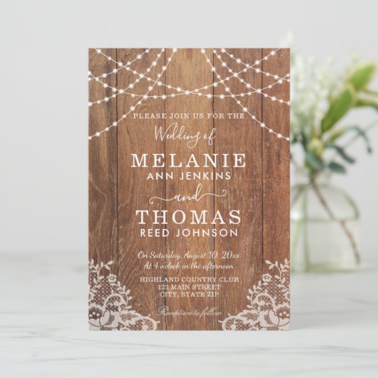 Landelijk houten en kanten trouwuitnodiging, rusti kaart (Staand voorkant)