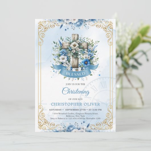 Landelijk houten kruis blauwe bloemen gouden lijst kaart (Staand voorkant)