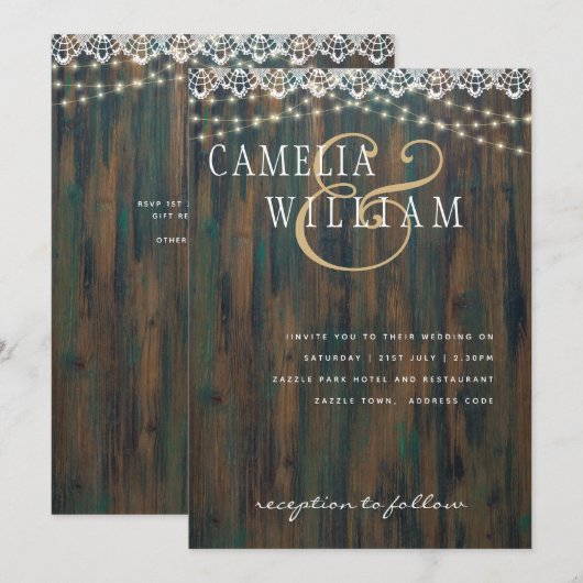 LANDELIJK HOUTEN LICHTEN KANT Bruiloft Uitnodiging (Voorkant / Achterkant)