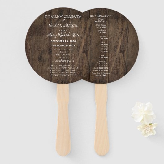 Landelijk Houten Schuur Bruiloftsprogramma Handwaaier (Voorkant en achterkant)