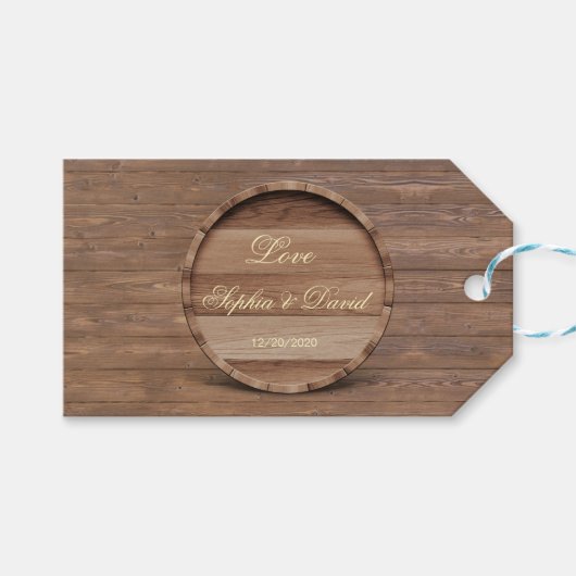 Landelijk Houten Trouwvat-monogram Cadeaulabel (Voorkant (Horizontaal))