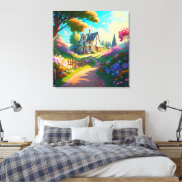 landelijk huis met bloemen tuin  canvas afdruk
