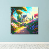 Landelijk huis met bloemen tuin canvas afdruk (Insitu (Houten vloer))