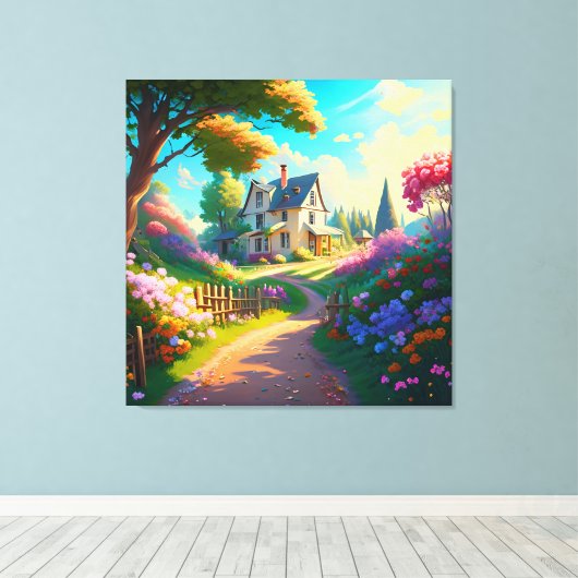 Landelijk huis met bloemen tuin canvas afdruk (Insitu (Houten vloer))