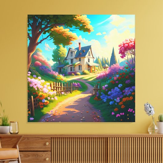 Landelijk huis met bloemen tuin canvas afdruk (Insitu (Woonkamer))