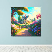 Landelijk huis met bloemen tuin canvas afdruk (Insitu (Houten vloer))