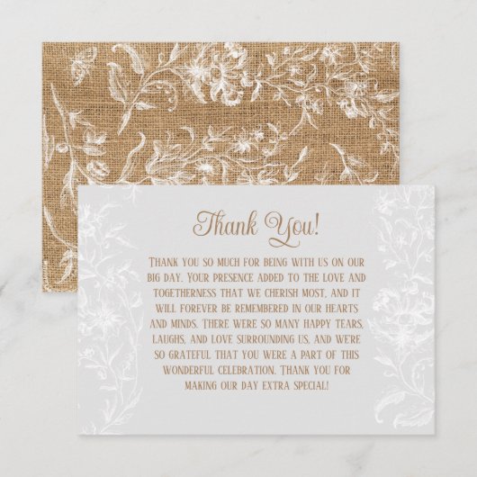 Landelijk jute en kant bedank bruiloft informatiekaartje (Voorkant / Achterkant)