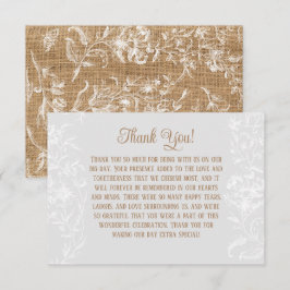 Landelijk jute en kant bedank bruiloft informatiekaartje