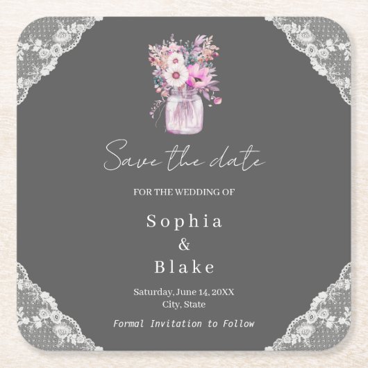 Landelijk kant Metselwerkpot Grijs Bewaar de datum Kartonnen Onderzetters (Voorkant)