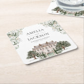 Landelijk landhuis bruiloft kartonnen onderzetters (Schuin)