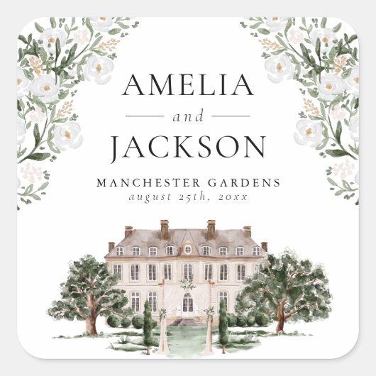 Landelijk landhuis bruiloft vierkante sticker (Voorkant)