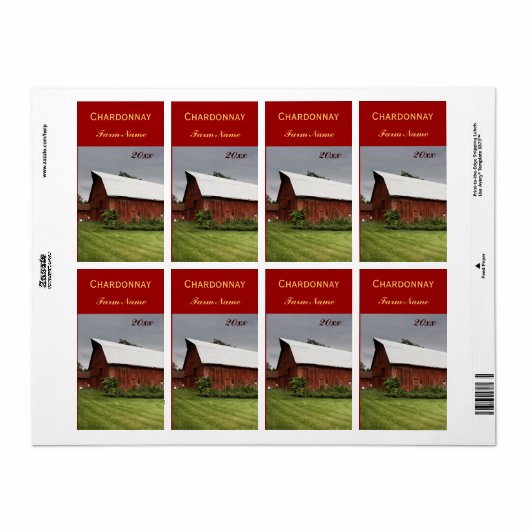Landelijk landschap met rode schuur wijn fles labe etiket (Full Sheet)