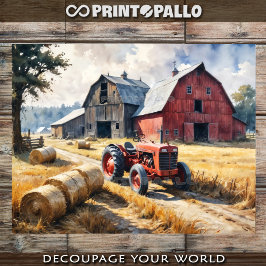 Landelijk landschap met schuur en tractor tissuepapier