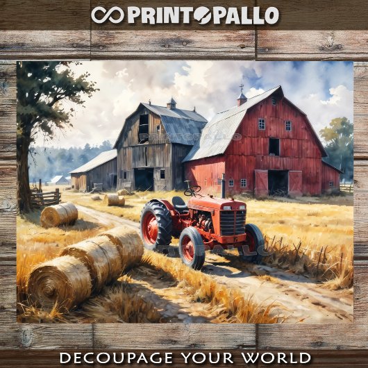 Landelijk landschap met schuur en tractor tissuepapier