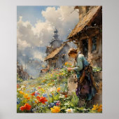 Landelijk leven Waterverf met meisje in bloementui Poster (Voorkant)