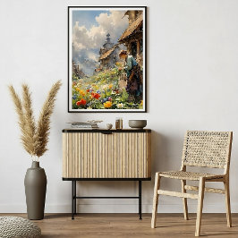 Landelijk leven Waterverf met meisje in bloementui Poster