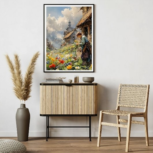 Landelijk leven Waterverf met meisje in bloementui Poster