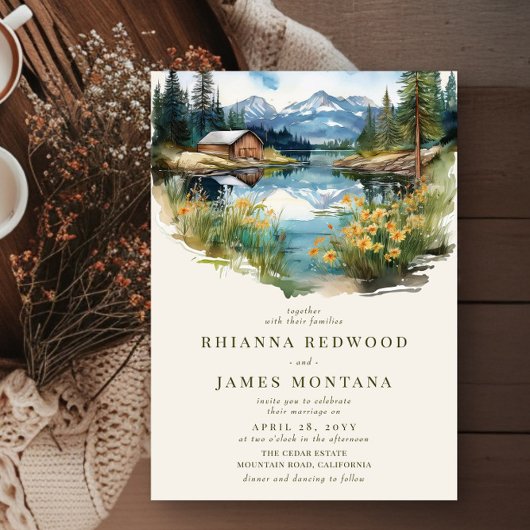 Landelijk meer en schuur waterverf bruiloft kaart