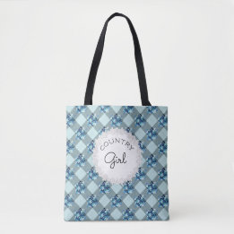 Landelijk meisje blauwe Gingham bloemenpatroon Tote Bag