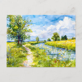 Landelijk pad naar de rivier Havelland Aquarel Briefkaart