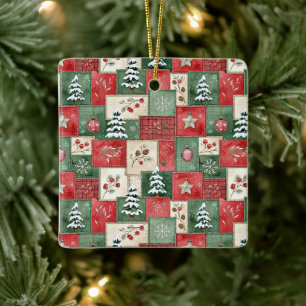 Landelijk patchwork kerstpatroon keramisch ornament