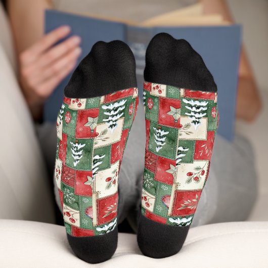 Landelijk patchwork kerstpatroon sokken (Onderkant)