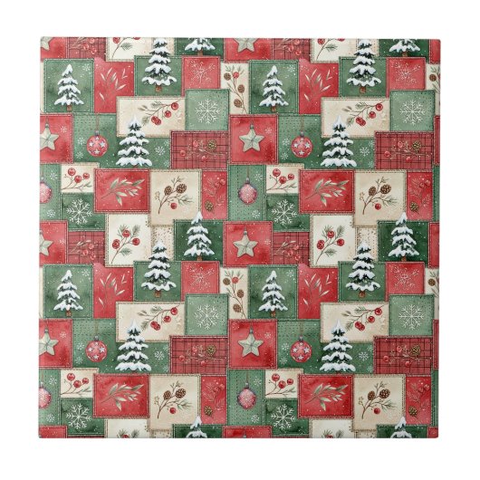 Landelijk patchwork kerstpatroon tegeltje (Voorkant)