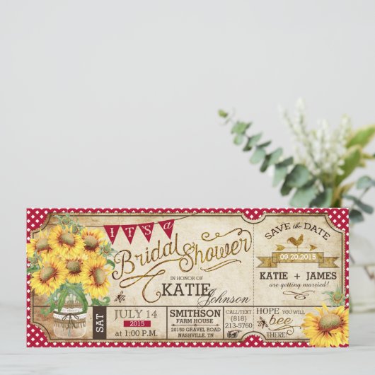 Landelijk picknickfeest met zonnebloemen en een ru save the date (Staand voorkant)