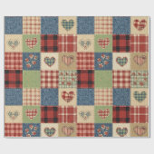 Landelijk Quilt Hart Patchwork Rood Blauw Cadeaupapier (Vlak)