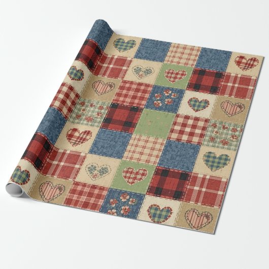 Landelijk Quilt Hart Patchwork Rood Blauw Cadeaupapier (Uitgerold)