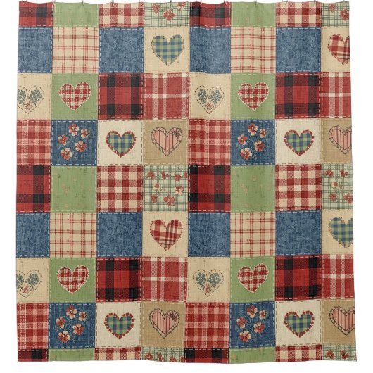 Landelijk Quilt Hart Patchwork Rood Blauw Douchegordijn (Voorkant)