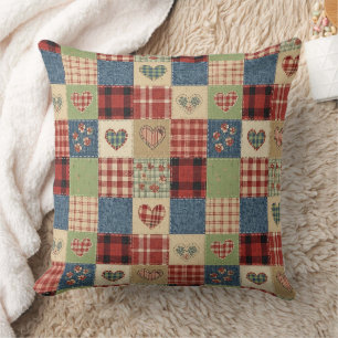 Landelijk Quilt Hart Patchwork Rood Blauw Kussen