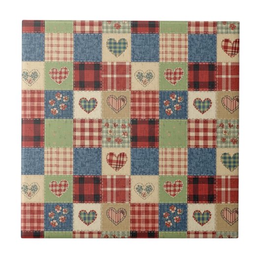 Landelijk Quilt Hart Patchwork Rood Blauw Tegeltje (Voorkant)