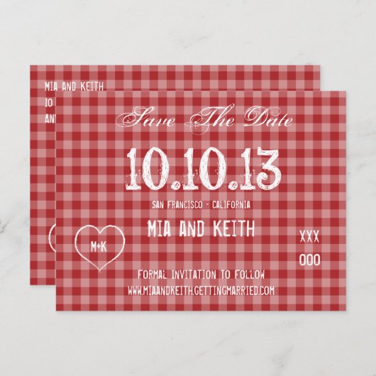 Landelijk rood geruit aankondigingskaart (Voorkant / Achterkant)