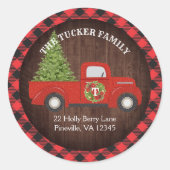 Landelijk rood kersttruck geruit adreslabel ronde sticker (Voorkant)