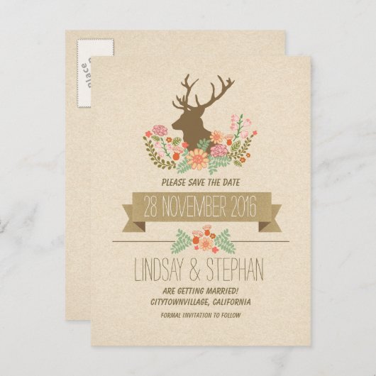 Landelijk rustiek hertengewei Save the date briefk Aankondigingskaart (Voorkant / Achterkant)
