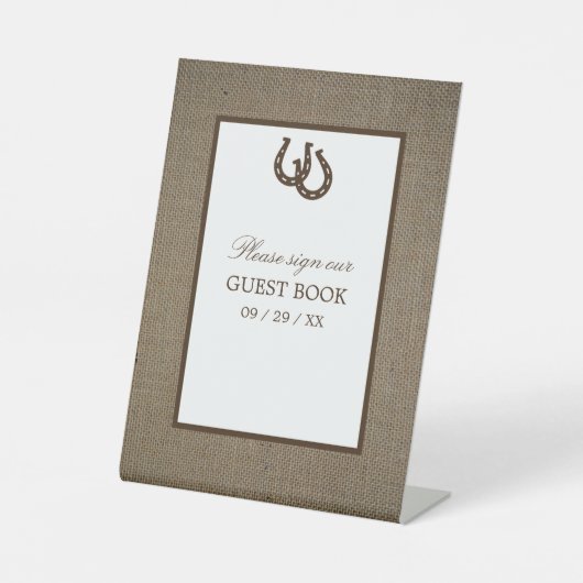 Landelijk rustiek Hoefijzer op Burlap Reclamebord Met Voetstuk (Voorkant)