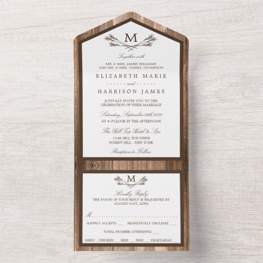 Landelijk Rustieke Monogram Tak & Houten Bruiloft All In One Uitnodiging (Binnen)