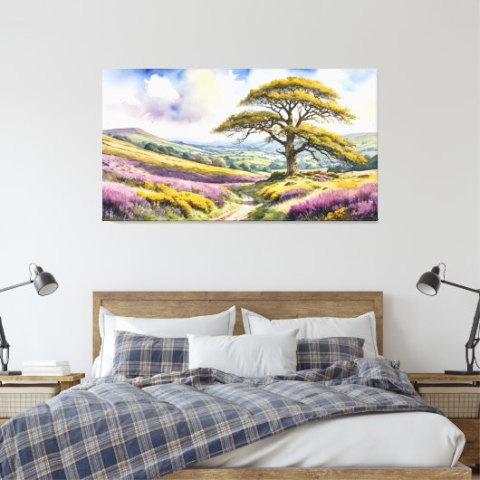 Landelijk Uitzicht met eikenboom, heuvels en heide Canvas Afdruk (Insitu (Slaapkamer))